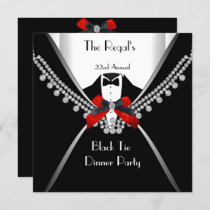 Black Tie Dinner White Red Bow Party 2 Invitation
