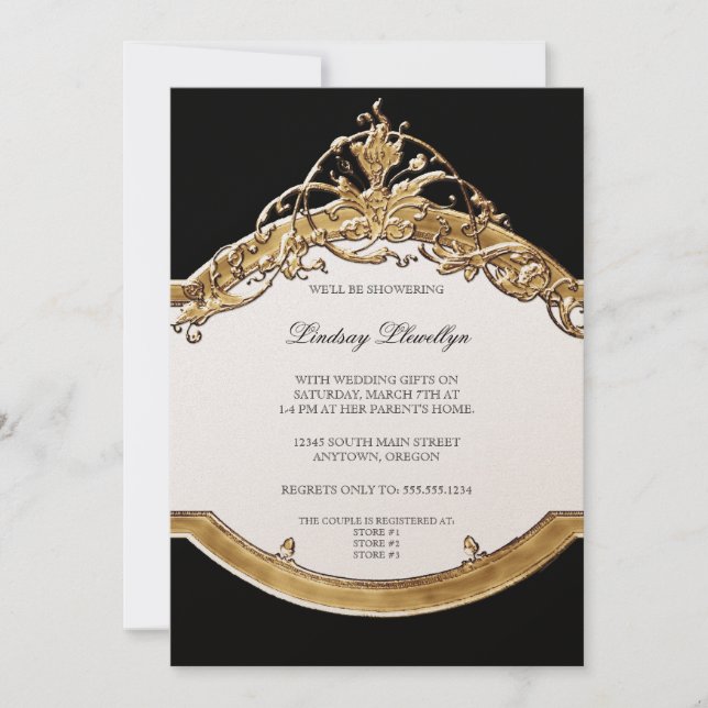 Black Tie Elegance 2, Golden Bridal Shower Invite (Front)