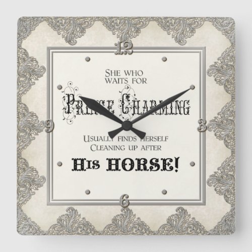 Black Tie Elegance 3 _ Silver Look Vintage Damask Square Wall Clock