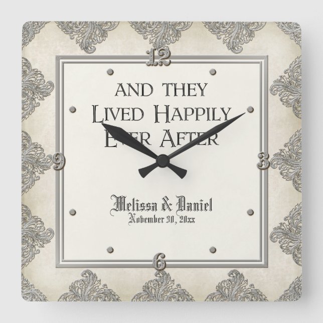 Black Tie Elegance 3 - Silver Look Vintage Damask Square Wall Clock (Front)