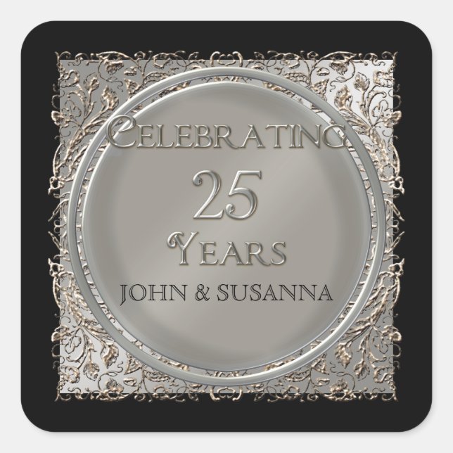 Black Tie Elegance, Silver Wedding Anniversary Square Sticker (Front)