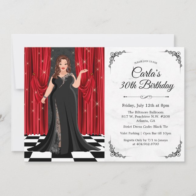 Black Tie Elegant Gown Birthday Invitation (Front)