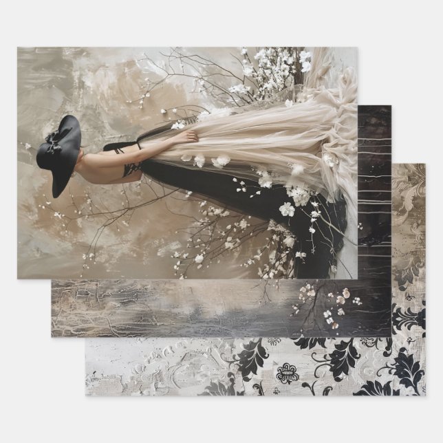 Black Tie Elegant Moody Heavy Weight Decoupage Wrapping Paper Sheets (Set)