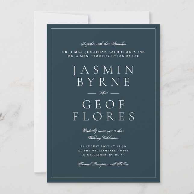 Black Tie Elegant Navy Blue Typography Wedding Invitation (Front)