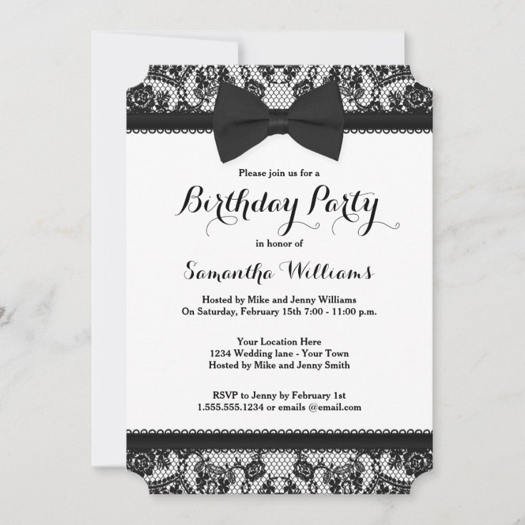 Black Tie Lace and Bow Birthday Party Invitation | Zazzle