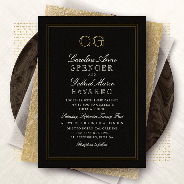Black Tie Luxury Monogram Wedding Foil Invitation (Creator Uploaded)