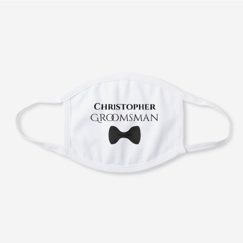 Black Tie on White Wedding Groomsman with Name Fun White Cotton Face Mask