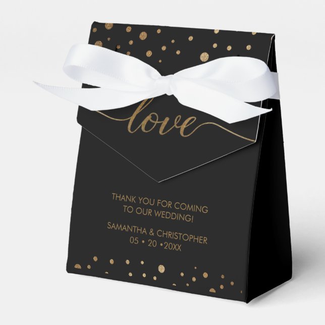 Black tie Personalized Gold Love Script Wedding  Favor Boxes (Front Side)