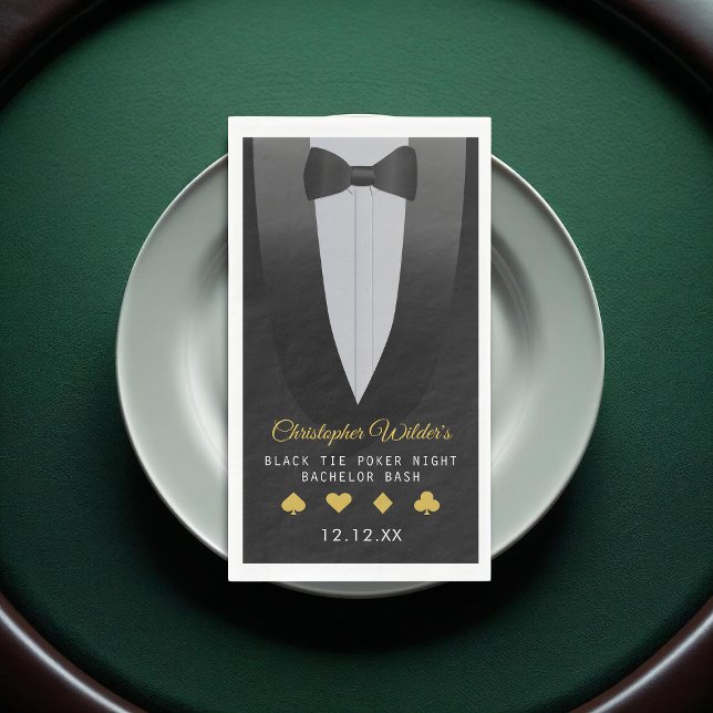 Black Tie Poker Night Bachelor Party Paper Guest Towels (A tuxedo paper guest towel - it’s perfect for a classy bachelor night with a casino twist.)