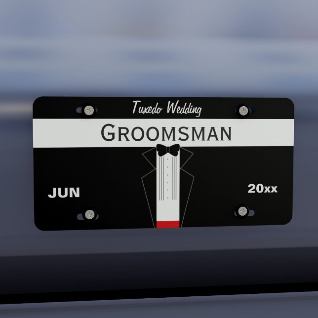 Black Tie Tuxedo Wedding Groomsman License Plate (Fun gift for your Groomsman, you can add their name & your wedding date to this tuxedo license plate)