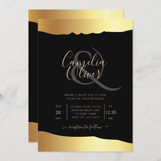Black Tie Wedding Gold Foil Script Elegant Event  Invitation (Front/Back)