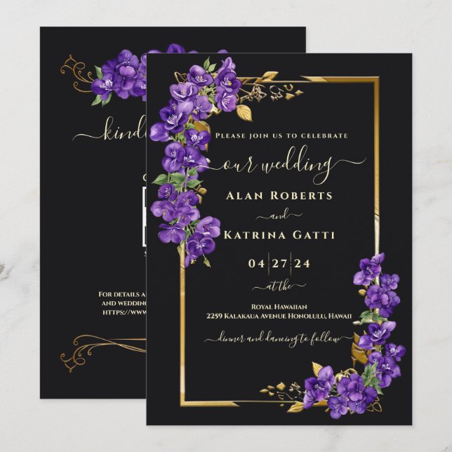 Black Tie Wedding RSVP QR Code Violets Gold Frame Invitation (Front/Back)