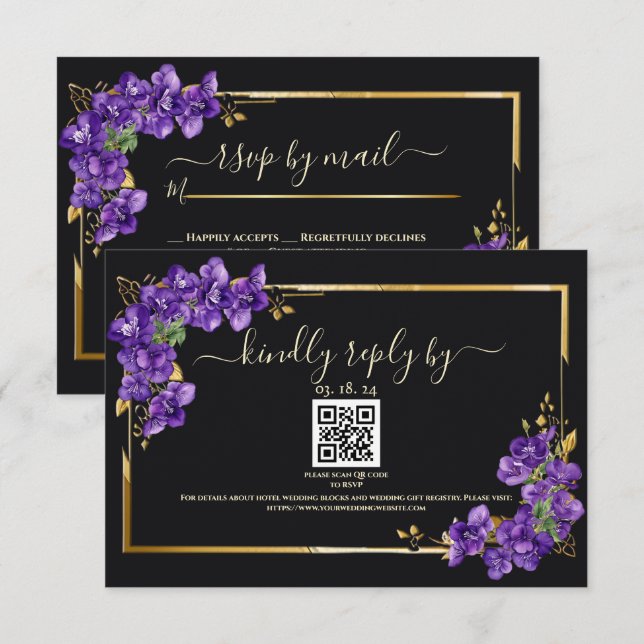 Black Tie Wedding RSVP Violets Gold Frame Card (Front/Back)