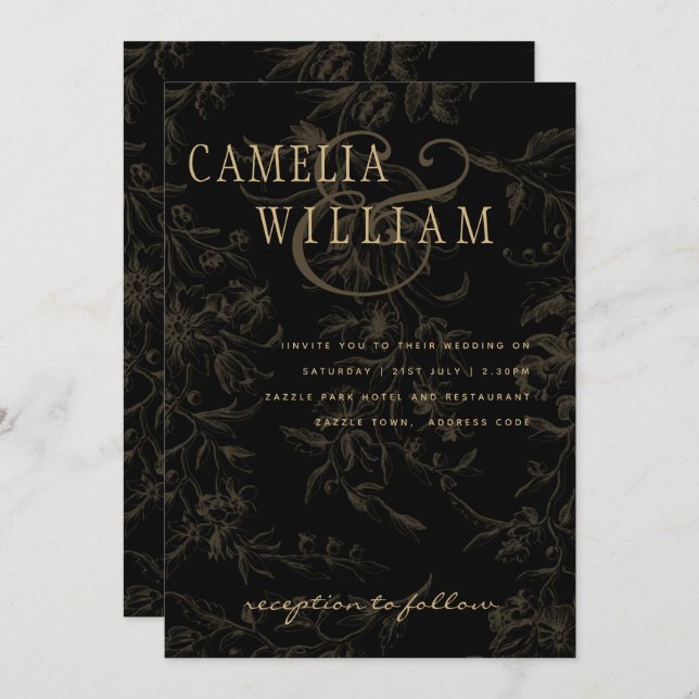 Black Tie Wedding Theme Vintage Gold Damask Invitation (Front/Back)