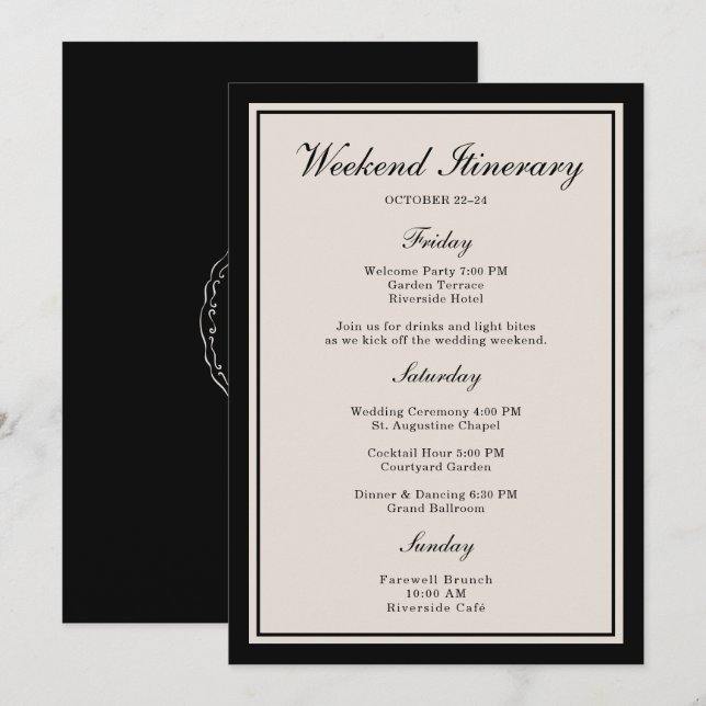 Black Tie Wedding Weekend Itinerary Card (Front/Back)
