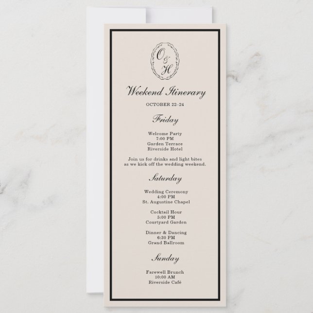 Black Tie Wedding Weekend Timeline Card (Front)