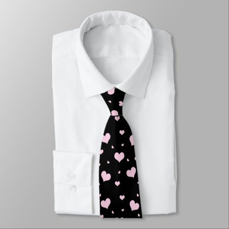 Black Tie With A Light Pink Heart Pattern