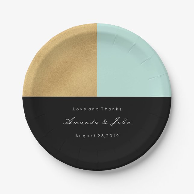 Black Tiffany Mint Gold Pastel Bridal Wedding Paper Plates (Front)