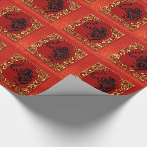 Black Tiger Chinese Zodiac Animal Red and Gold Wrapping Paper