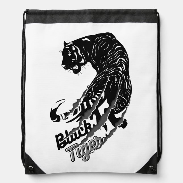Black Tiger Vector Art with Black Tiger Text  Drawstring Bag (Front)
