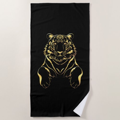 Black tiger with gold stripes beach towel