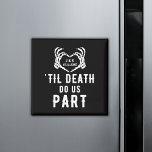 Black Til Death Do Us Part Wedding Custom Favors Magnet<br><div class="desc">Wedding magnets for guests favors featuring the quote "'Til death do us part" and skeleton hands forming a heart. Black party accessories with an editable date and the bride and groom's initials. Be sure to visit our collection to see more coordinating items that match this design for your special event....</div>