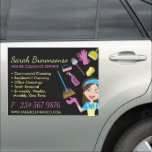 Black Tile Pattern Lady Cleaning Maid Services Car Magnet<br><div class="desc">This design features a sleek black tile pattern as the background, with an illustration of a cleaning lady holding cleaning supplies in the foreground. The text reads "Maid Services" to highlight the services provided by the company. The design is perfect for professional cleaning service providers who want to showcase their...</div>