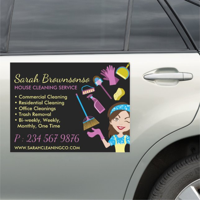 Black Tile Pattern Lady Cleaning Maid Services Car Magnet (In Situ)