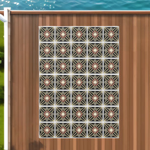Black Tiled with Gold and Turquoise Floral Outdoor Rug