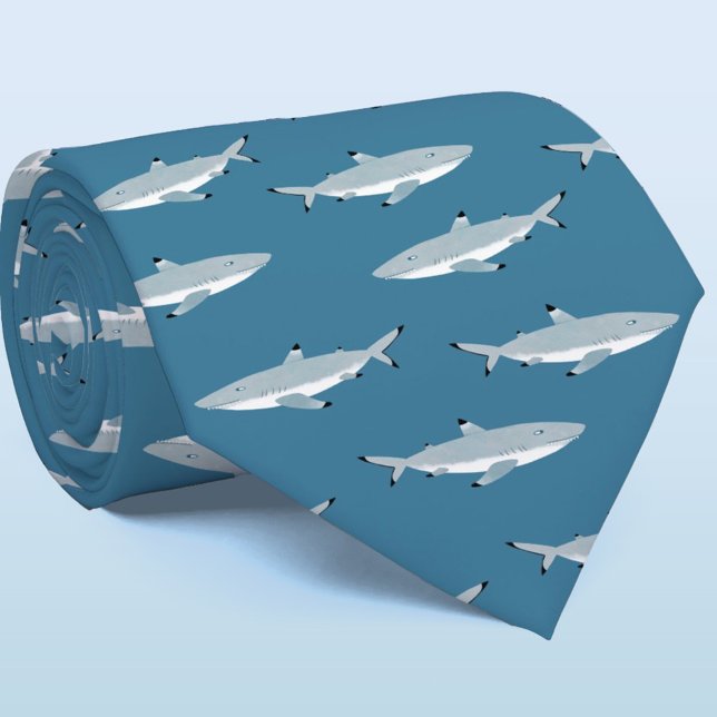 Black Tipped Reef Shark Neck Tie (Black Tipped Reef Shark Teal Green Tie for those who love the ocean.)