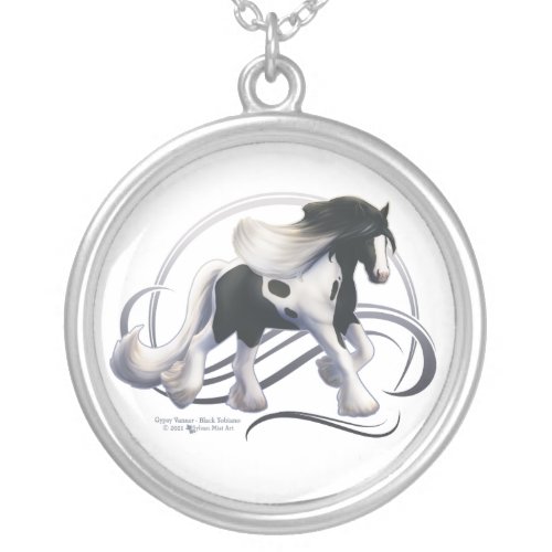 Black Tobiano Gypsy Vanner Horse Silver Plated Necklace