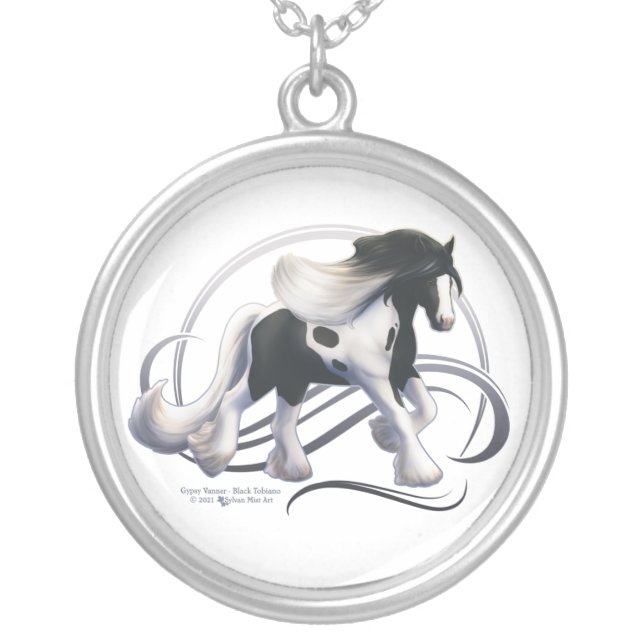 Black Tobiano Gypsy Vanner Horse Silver Plated Necklace (Front)