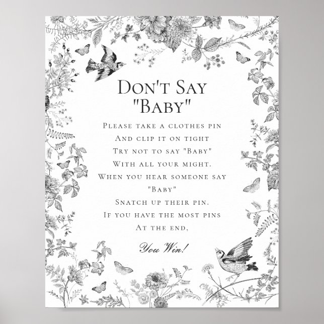 Black Toile De Jouy Dont Say Baby Shower Game Poster (Front)
