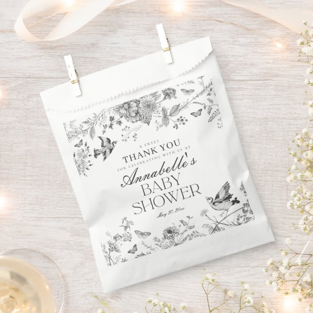 Black Toile De Jouy Floral Baby Shower Dessert Favor Bag (Clipped)