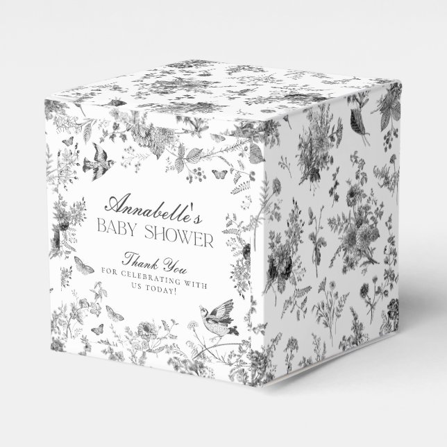 Black Toile De Jouy Floral Baby Shower Favor Boxes (Front Side)