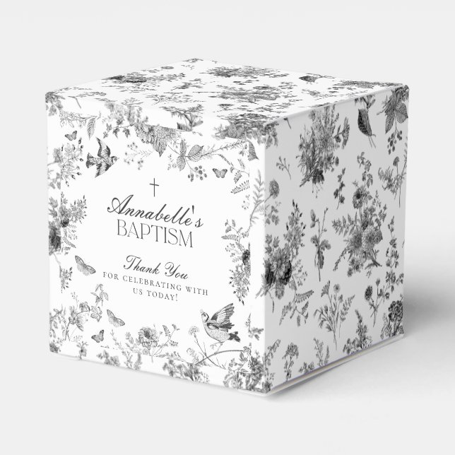 Black Toile De Jouy Floral Baptism Favor Boxes (Back Side)