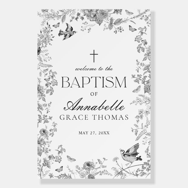 Black Toile De Jouy Floral Baptism Welcome Sign (Front)