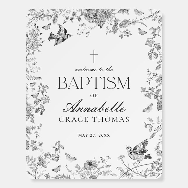 Black Toile De Jouy Floral Baptism Welcome Sign (Front)