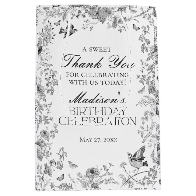 Black Toile De Jouy Floral Birthday Party Favors Medium Gift Bag (Front)