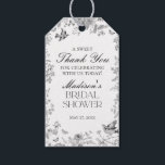 Black Toile De Jouy Floral Bridal Shower Favors Gift Tags<br><div class="desc">Transform your celebration with our Black Toile de Jouy Party Decor Collection. This elegant chinoiserie showcases intricate chinoiserie wildflowers, birds, and butterflies, all meticulously designed to create a sophisticated and timeless atmosphere. With detailed florals and a timeless black and white palette, this collection adds a touch of refined beauty to...</div>