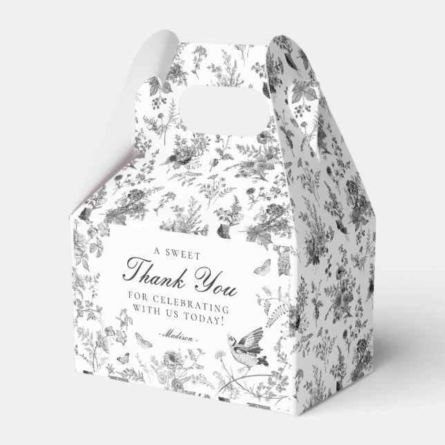 Black Toile De Jouy Floral Dessert Favor Boxes (Front Side)