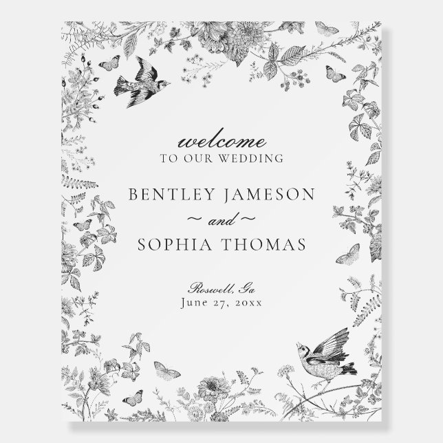 Black Toile De Jouy Floral Wedding Welcome Sign (Front)