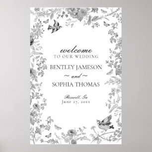 Black Toile De Jouy Floral Wedding Welcome Sign