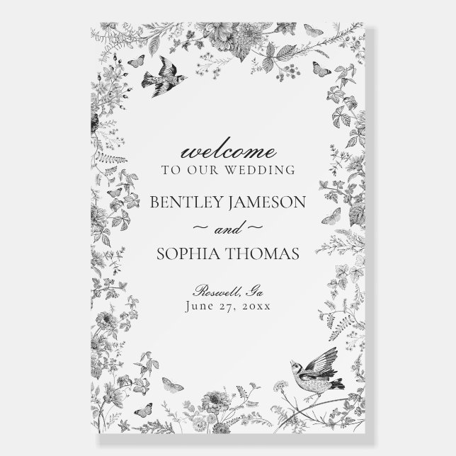 Black Toile De Jouy Floral Wedding Welcome Sign (Front)
