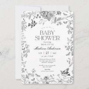 Black Toile De Jouy Vintage Floral Baby Shower Invitation