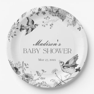 Black Toile De Jouy Vintage Floral Baby Shower Paper Plates