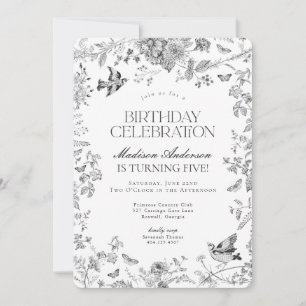 Black Toile De Jouy Vintage Floral Birthday Party Invitation