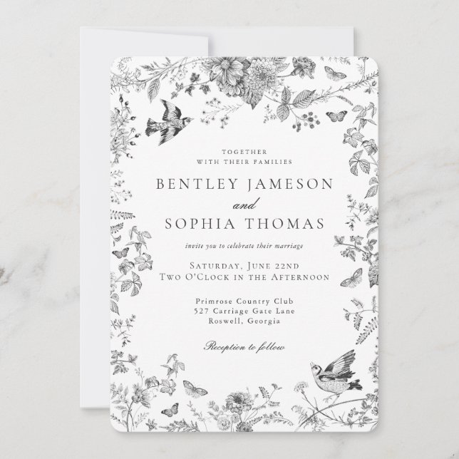 Black Toile De Jouy Vintage French Floral Wedding Invitation (Front)