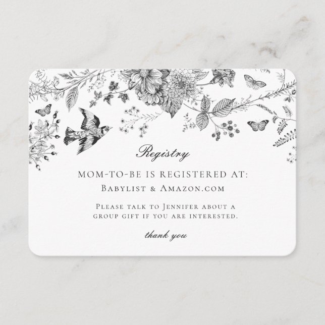 Black Toile Floral Baby Registry Card Insert (Front)