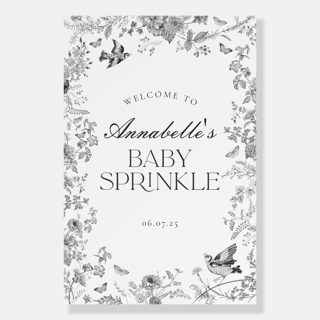Black Toile Floral Baby Sprinkle Welcome Sign (Front)